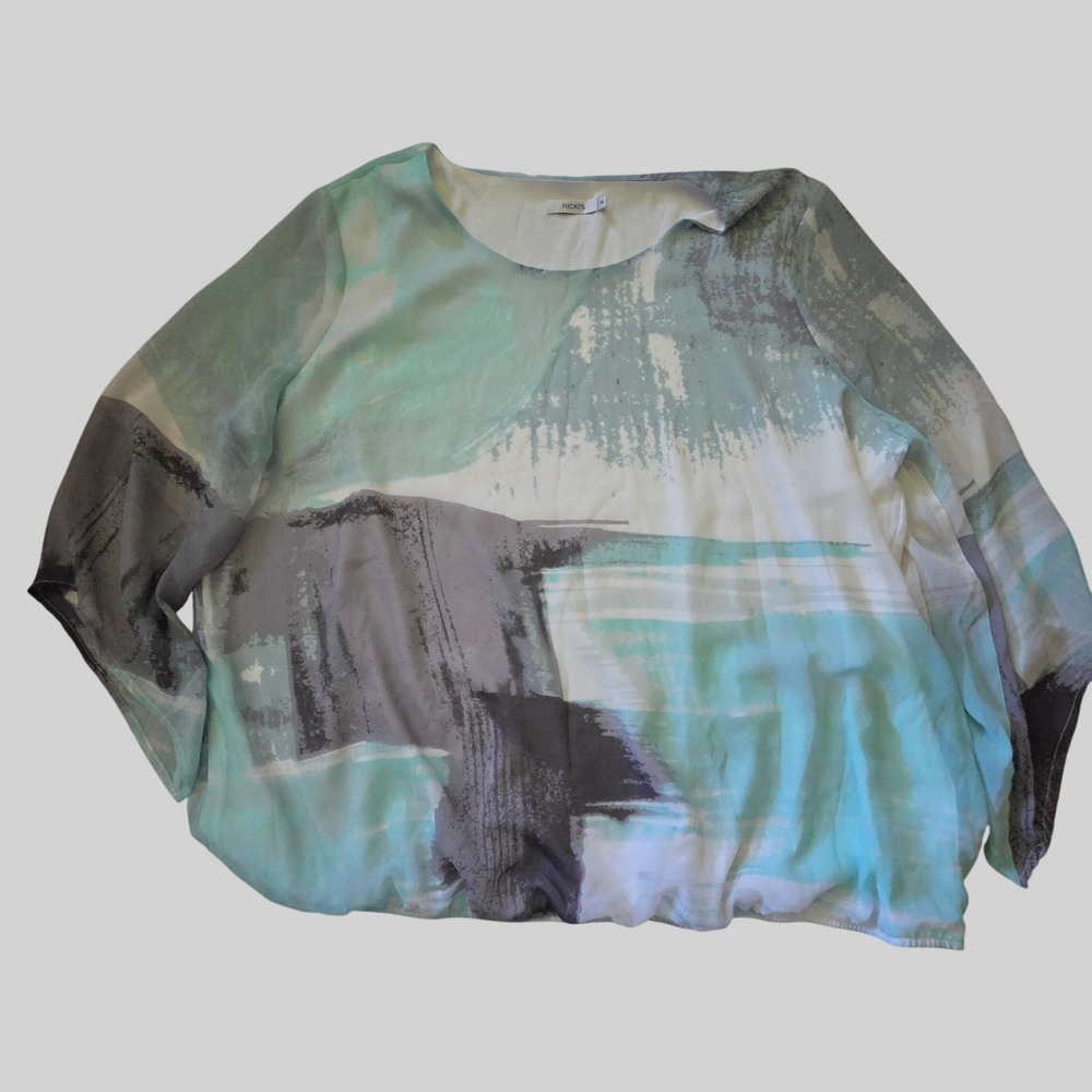 Ricki's Abstract Print Chiffon Blouson Blouse Turquoise Grey Size 18 Flowy Boho